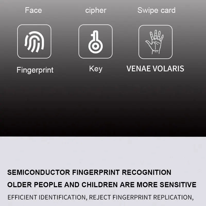 Black background graphic showing white icons for fingerprint, key, and palm authentication methods with text below.