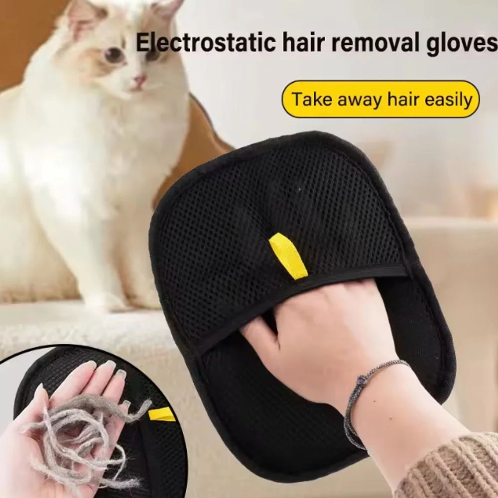 Black electrostatic pet hair removal glove with a yellow tab, shown on a hand near a cat. Inset shows removed fur.