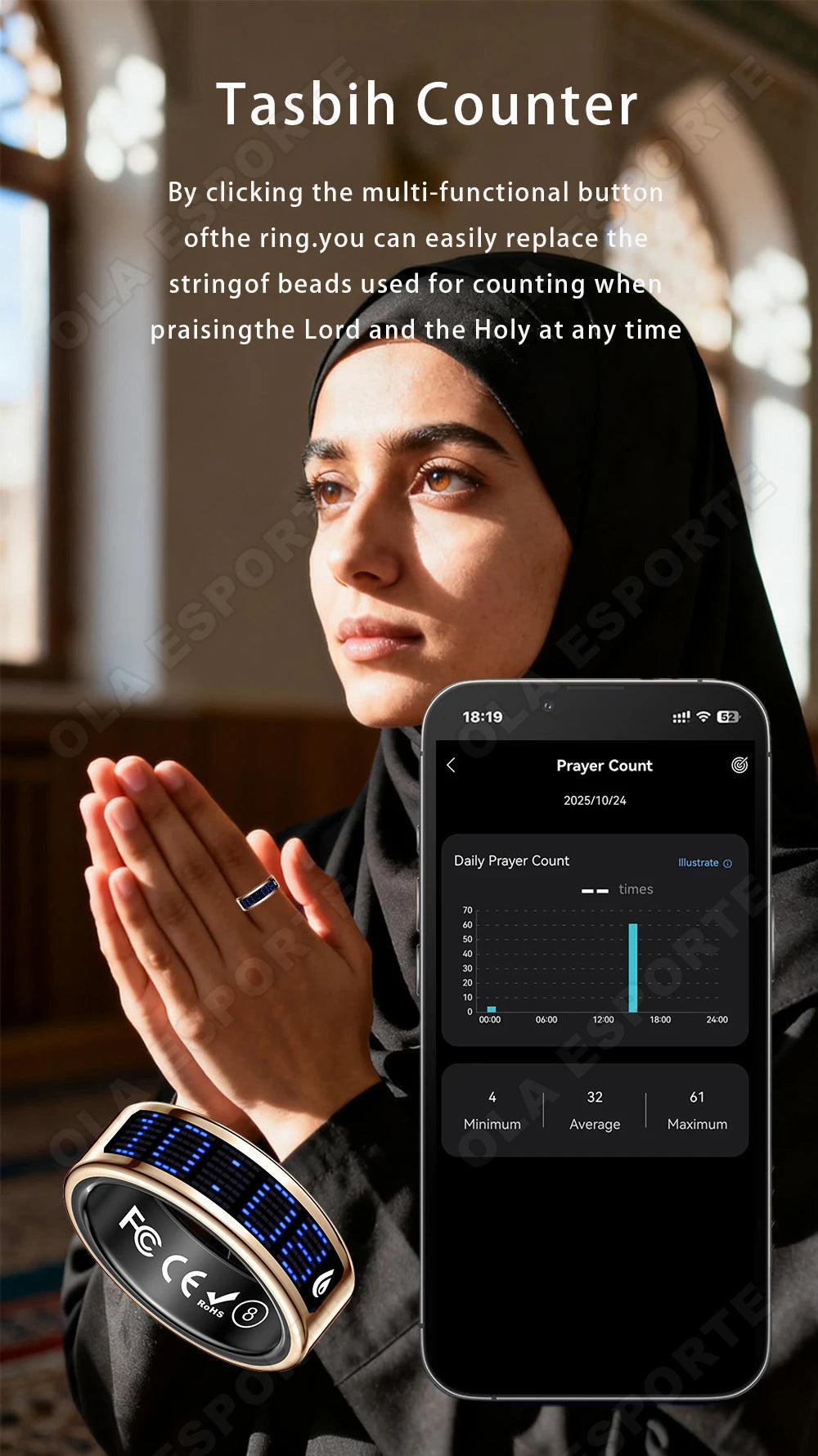 A woman wears a sleek, gold smart ring with a digital display alongside a phone showing a prayer tracking app.
