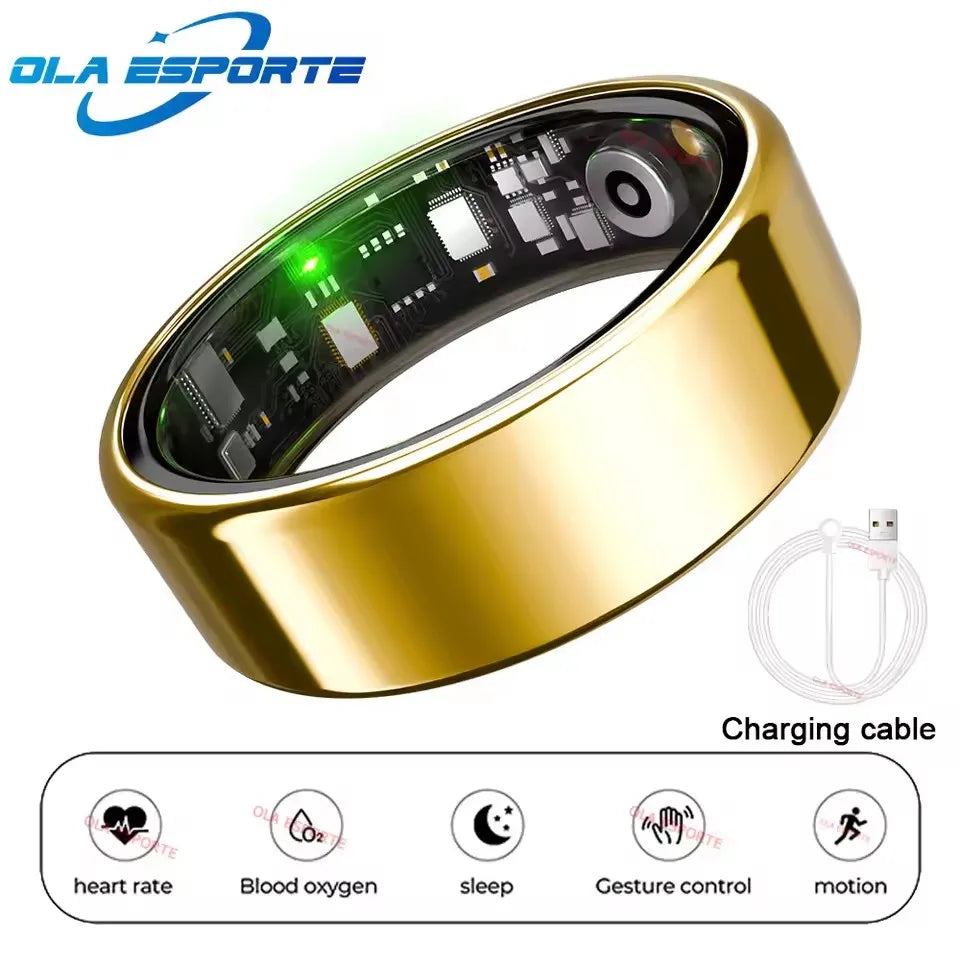 Sleek gold smart fitness ring with inner biosensors, green LED light, charging cable, and health tracking icons.