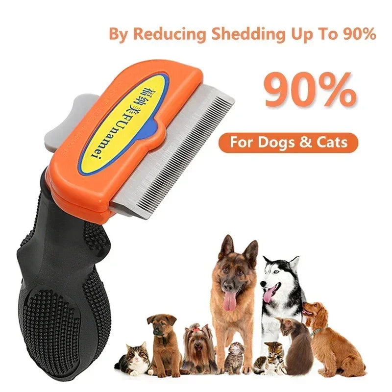 Orange and black deshedding pet grooming tool with a stainless steel comb, displayed with various dogs and cats.