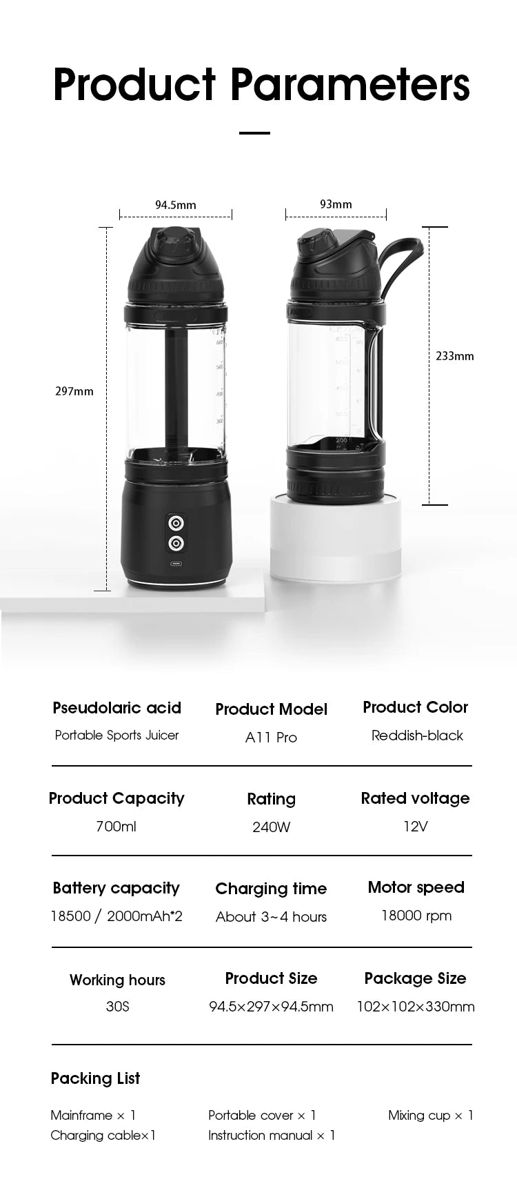 Black portable sports juicer blender, 700ml capacity, shown with dimensions and technical specifications.
