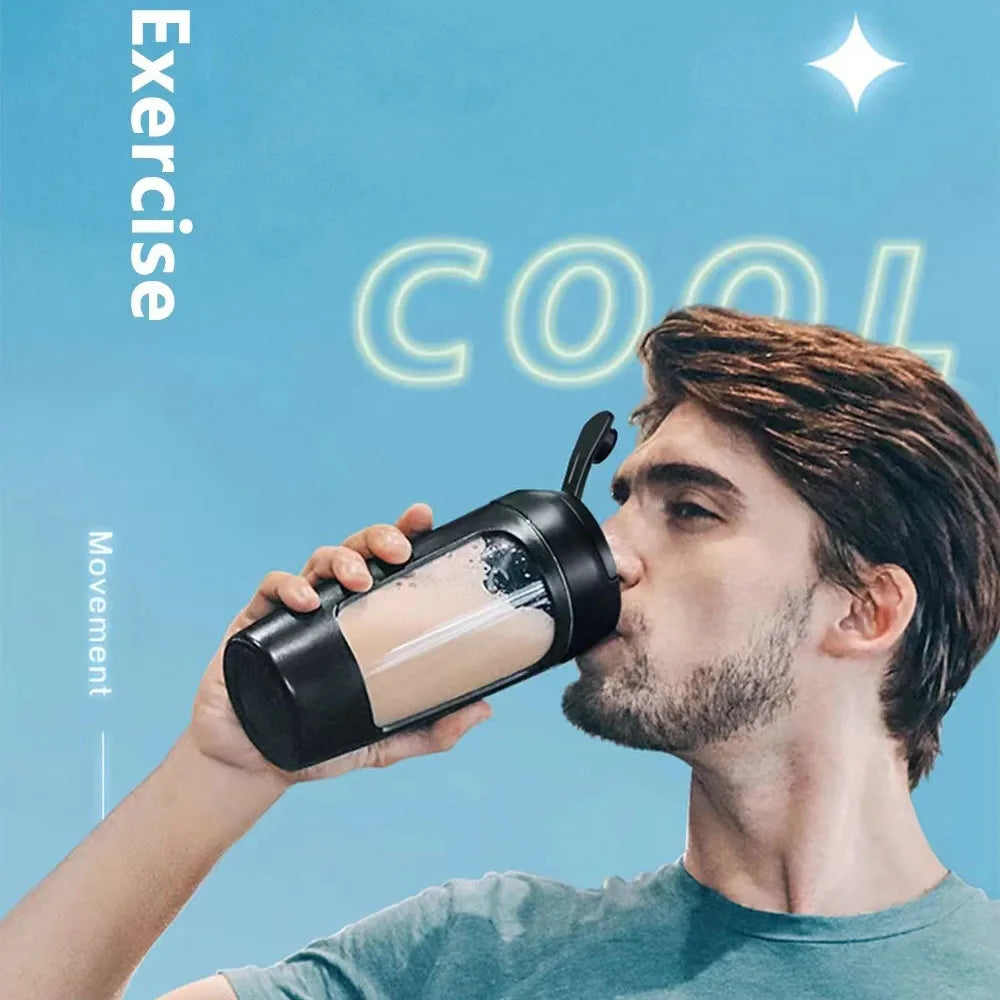 A man drinking from a sleek black protein shaker bottle with a clear central viewing window against a blue background.