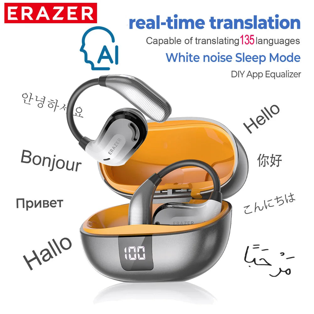 Silver and black wireless open-ear earbuds with a charging case featuring an orange interior and digital display.
