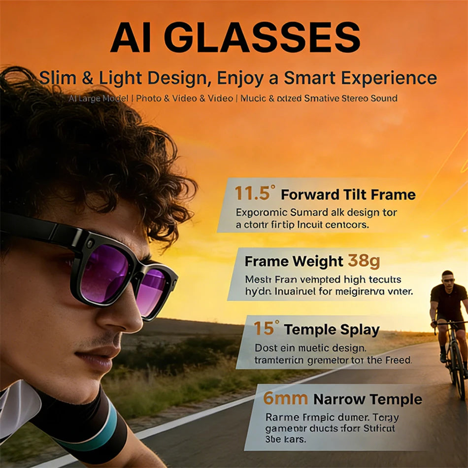 Slim black AI smart glasses with purple-tinted lenses, shown on a cyclist during a sunset. Features 1080P HD recording.