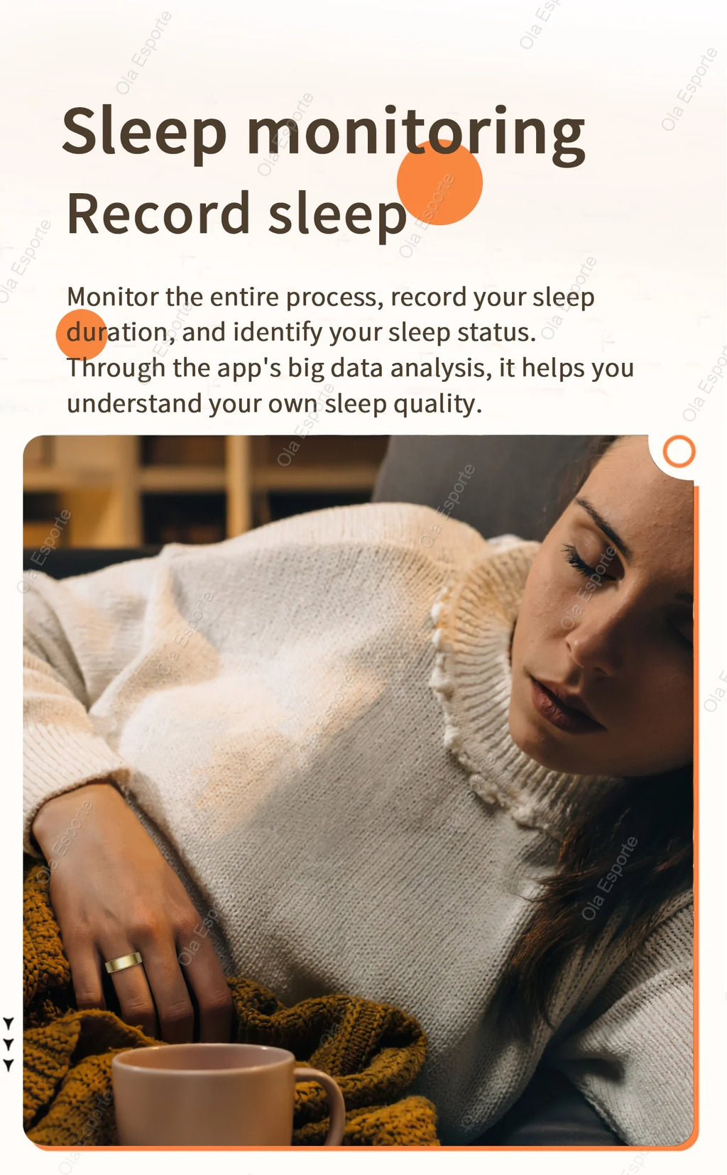 Woman sleeping while wearing a smooth, gold-coloured smart fitness ring to track her sleep health.