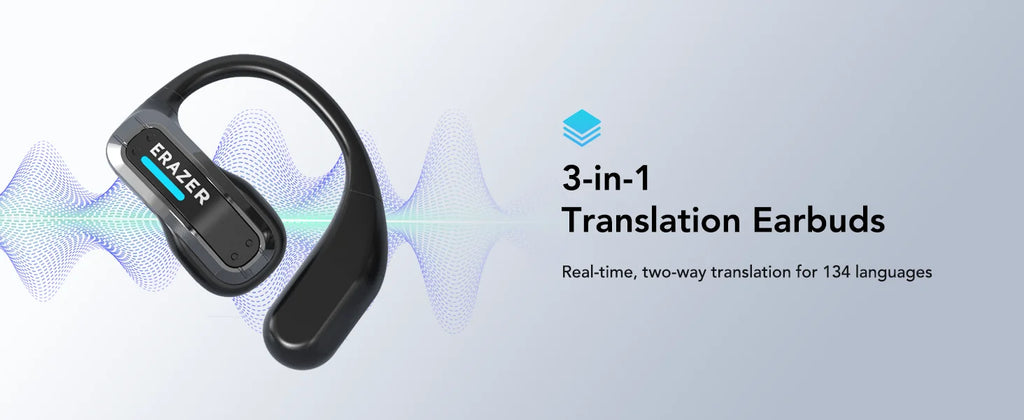 Sleek black, open-ear style translation earbuds with a blue indicator light against a sound wave graphic background.