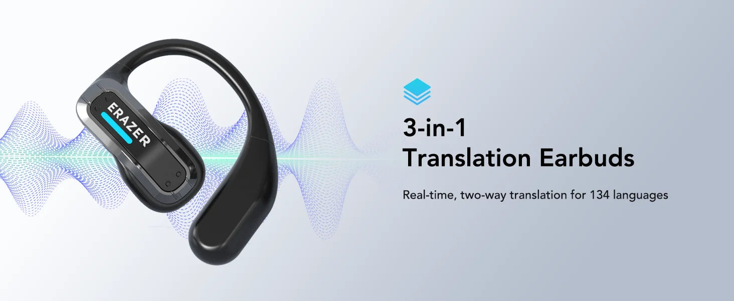 Sleek black, open-ear style translation earbuds with a blue indicator light against a sound wave graphic background.
