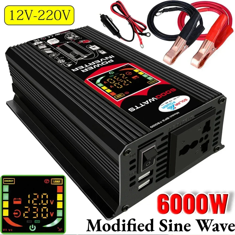 Black 6000W car power inverter with digital display, AC outlet, and dual USB ports. Includes battery cable clamps.