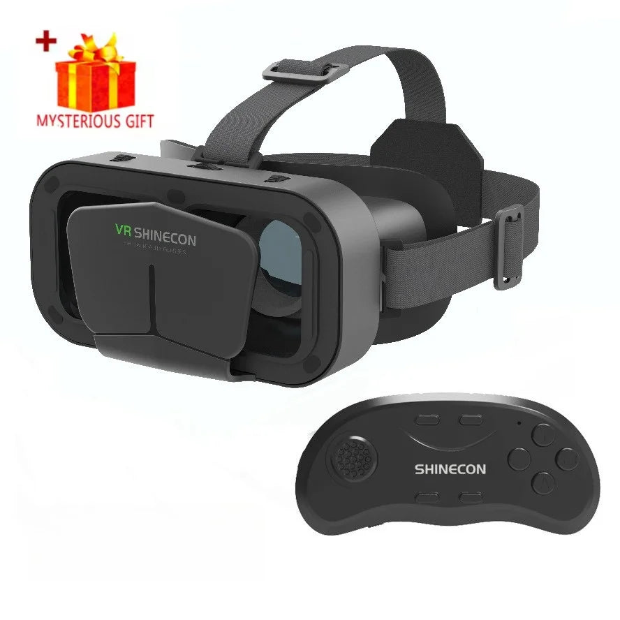 Black smartphone VR gaming headset with adjustable head straps and a matching wireless handheld controller.
