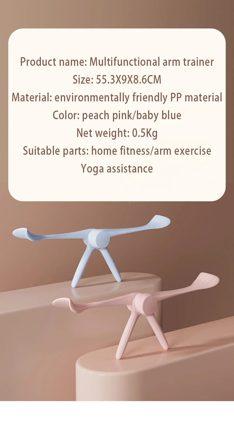 Multifunctional arm trainer in peach pink and baby blue, featuring a lightweight, curved design for yoga and fitness.
