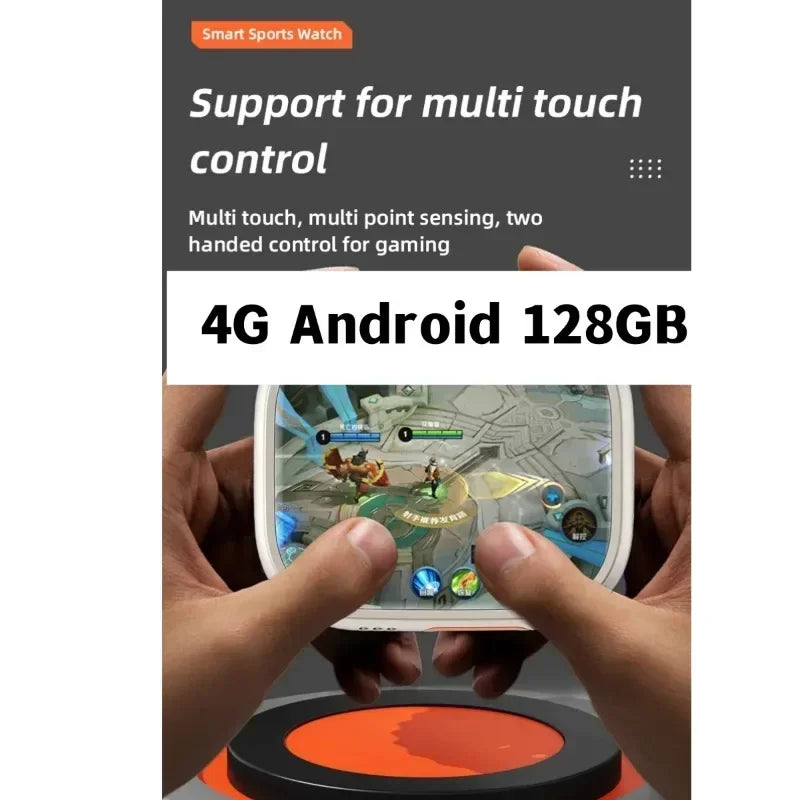 A white 4G Android sports smartwatch with a large, responsive multi-touch screen being used for gaming.
