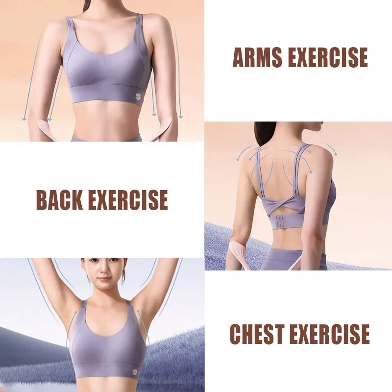 A woman in a lilac sports bra demonstrates arm, back, and chest exercises using pink fitness equipment bands.