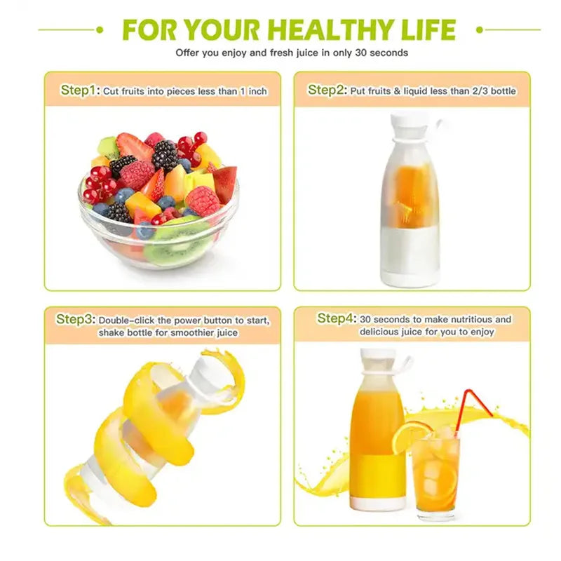 Infographic showing 4 steps to use a white portable blender for fresh juice, featuring fruit and a finished drink.