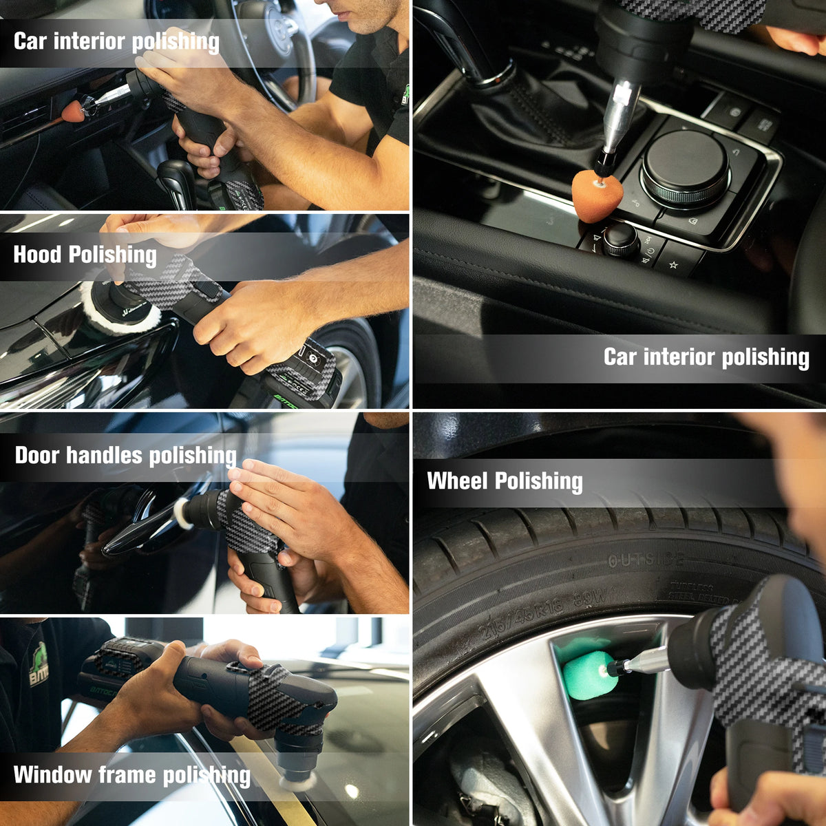 BATOCA S4 carbon cordless car polisher in use on interior trim, hood, door, and wheels.
