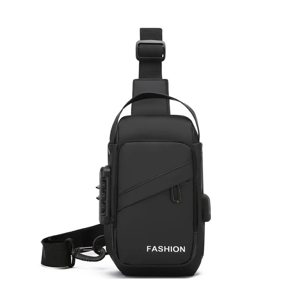 Black, sleek crossbody chest bag with adjustable strap, integrated USB charging port, and secure zip-up compartment.