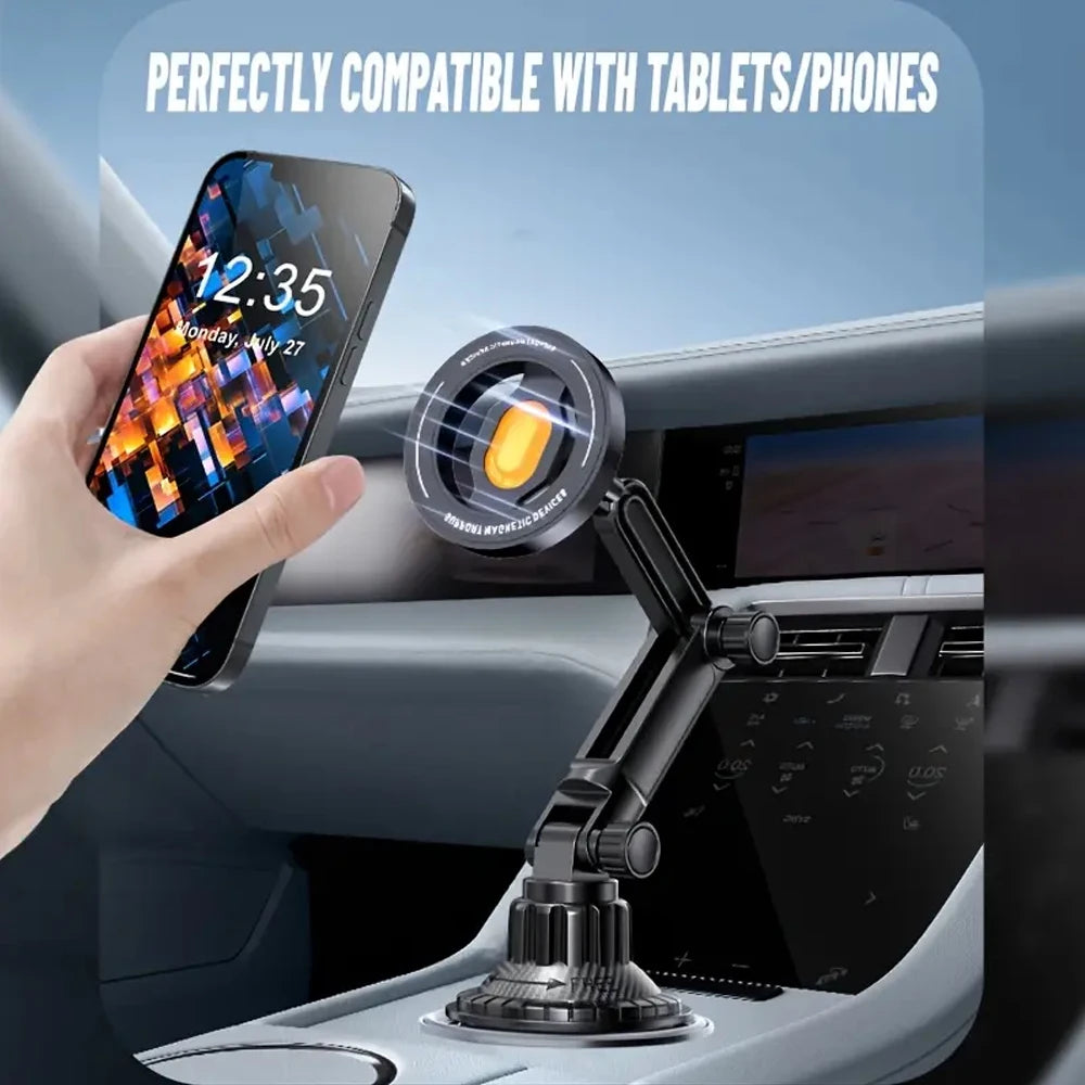 Black adjustable magnetic car phone mount with a suction cup base, held by a hand next to a smartphone.