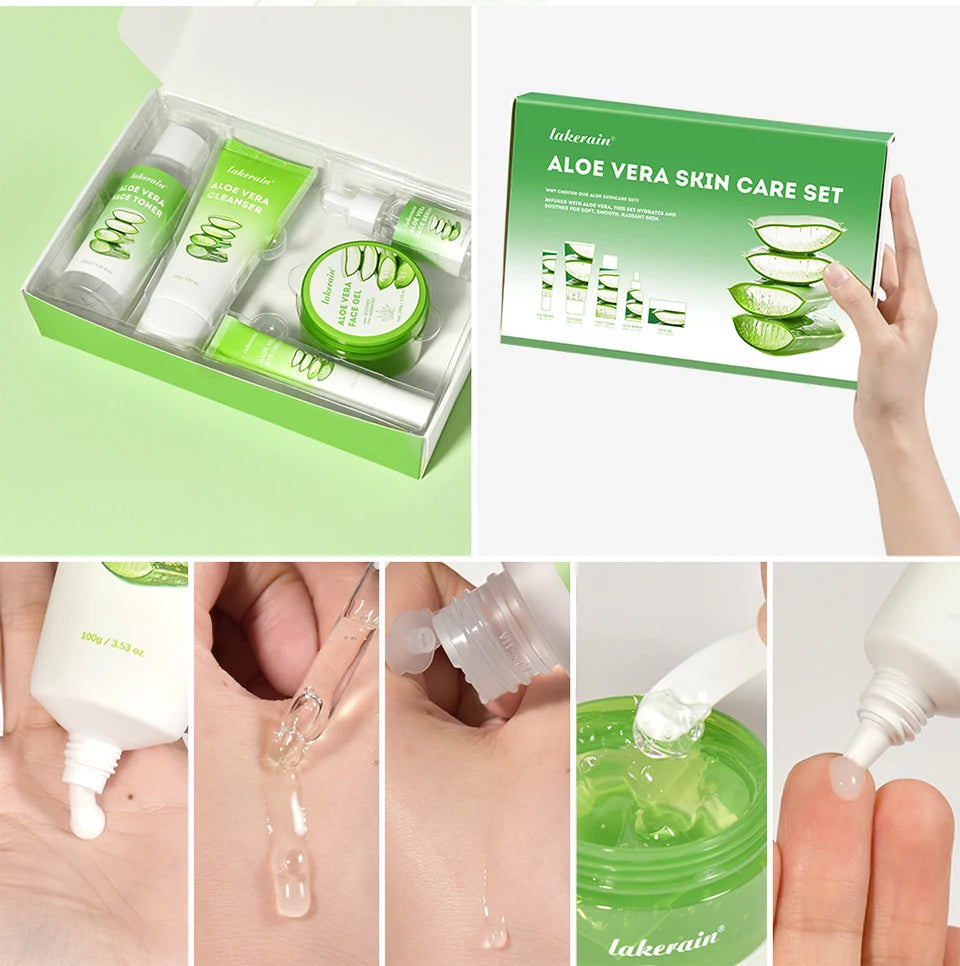 Green aloe vera skincare gift set featuring cleanser, toner, serum, and gel in a box with clear application views.