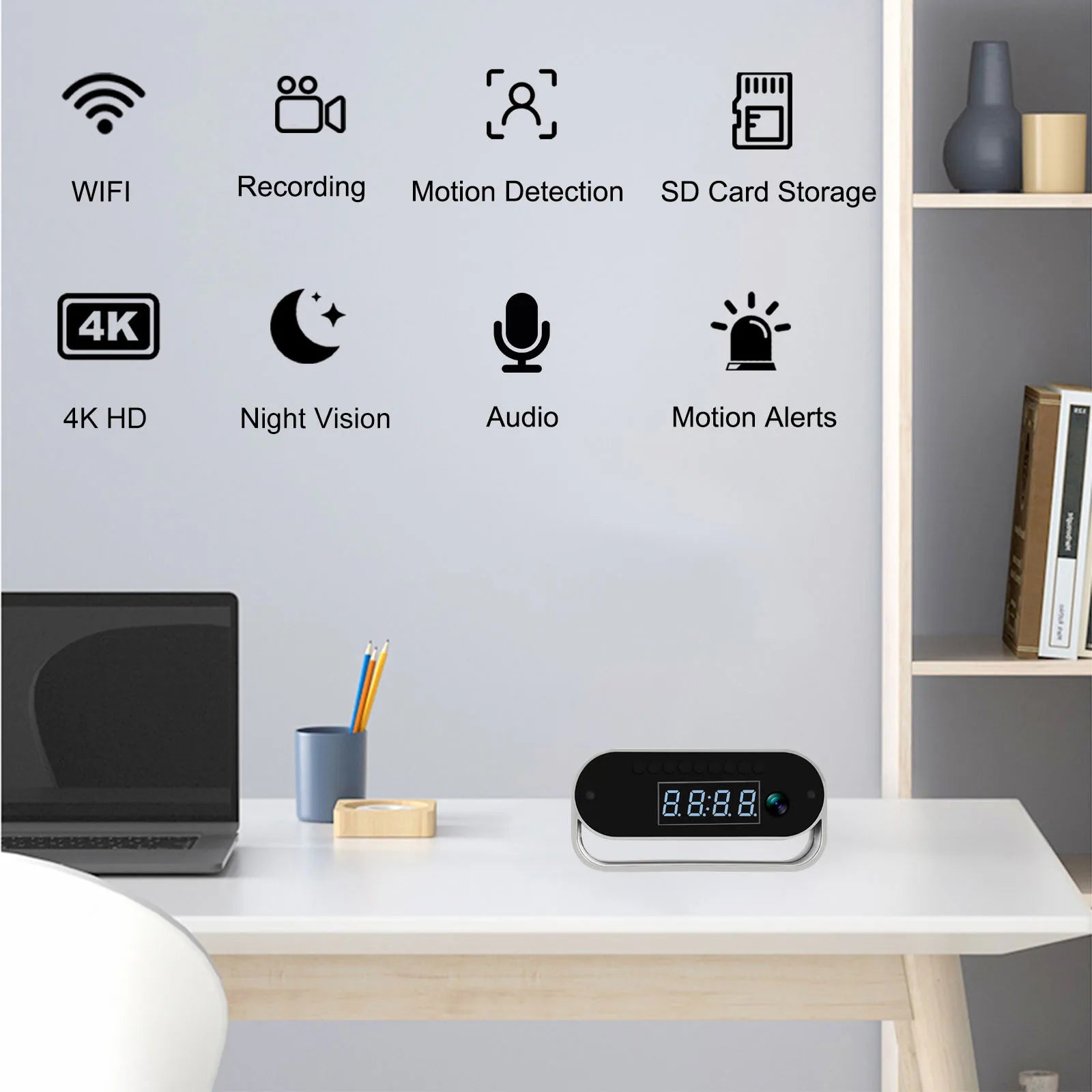 Black digital clock hidden camera with silver stand, featuring 4K video, motion detection, night vision, and Wi-Fi.