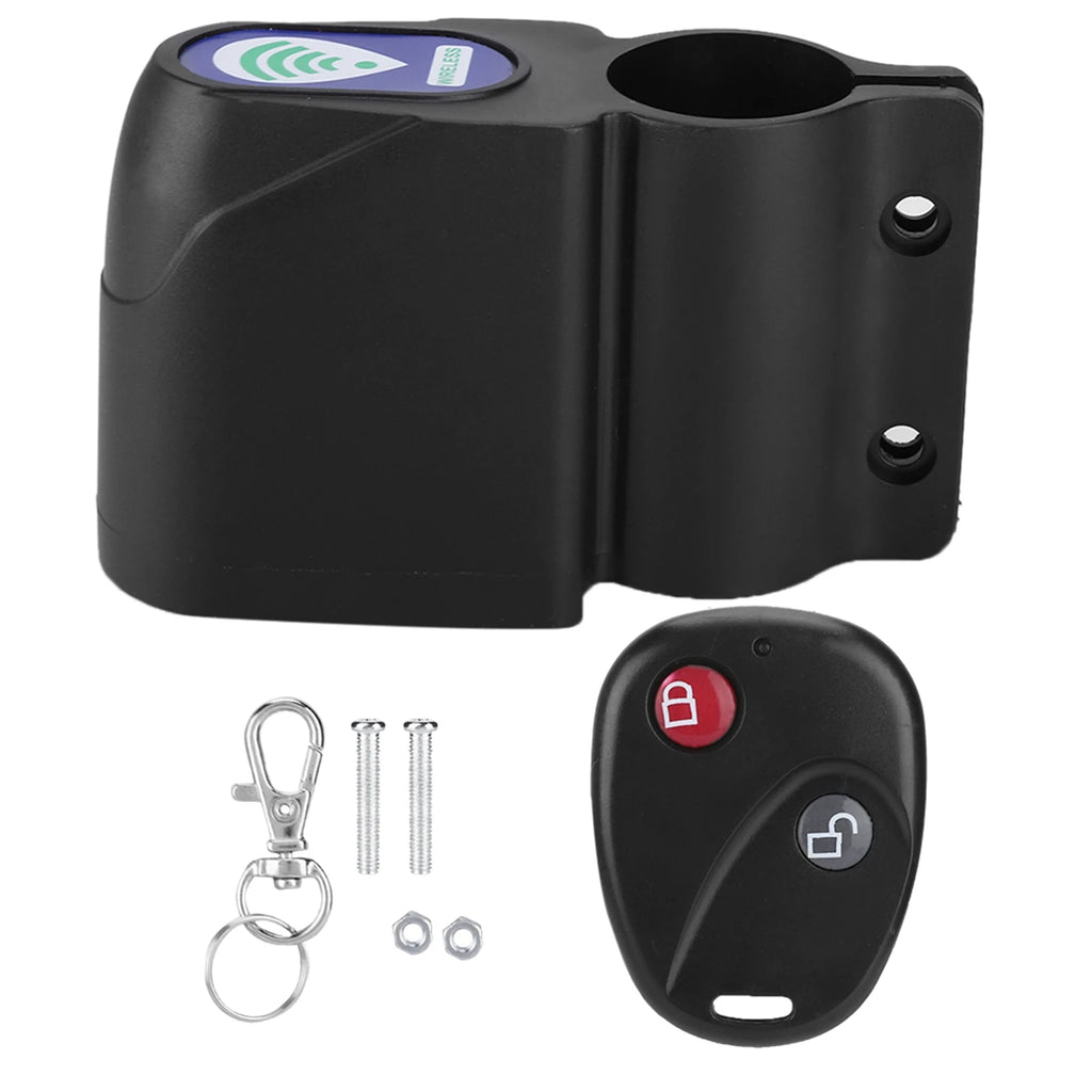 Black plastic wireless lock for bicycle handlebars, including a remote control, screws, nuts, and a keyring.
