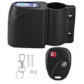 Black plastic wireless lock for bicycle handlebars, including a remote control, screws, nuts, and a keyring.