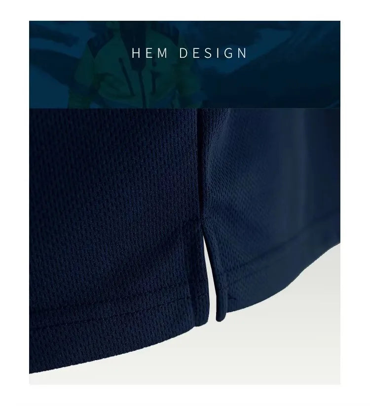 Close-up of a navy blue work shirt with a mesh texture and a split side hem design.