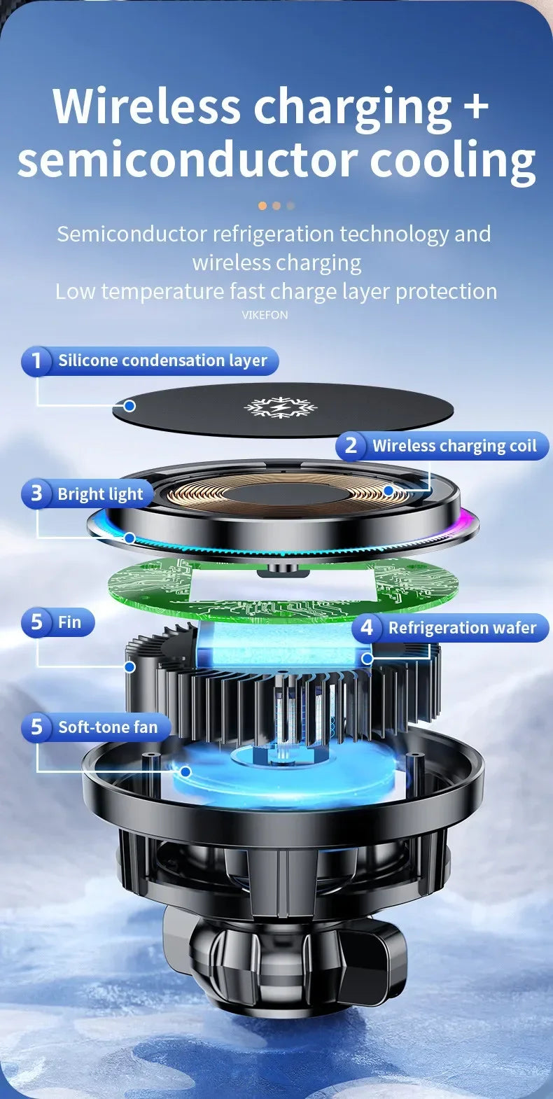 Exploded view of a black, circular wireless charger with a built-in cooling fan, fins, and glowing blue LED accents.