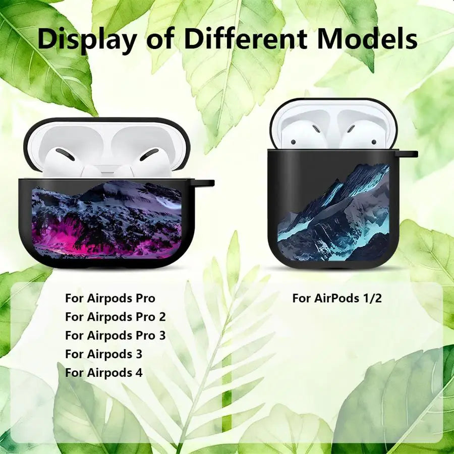 Black mountain-print silicone cases for AirPods Pro, 1/2, 3 and 4, shown against a green leafy background.