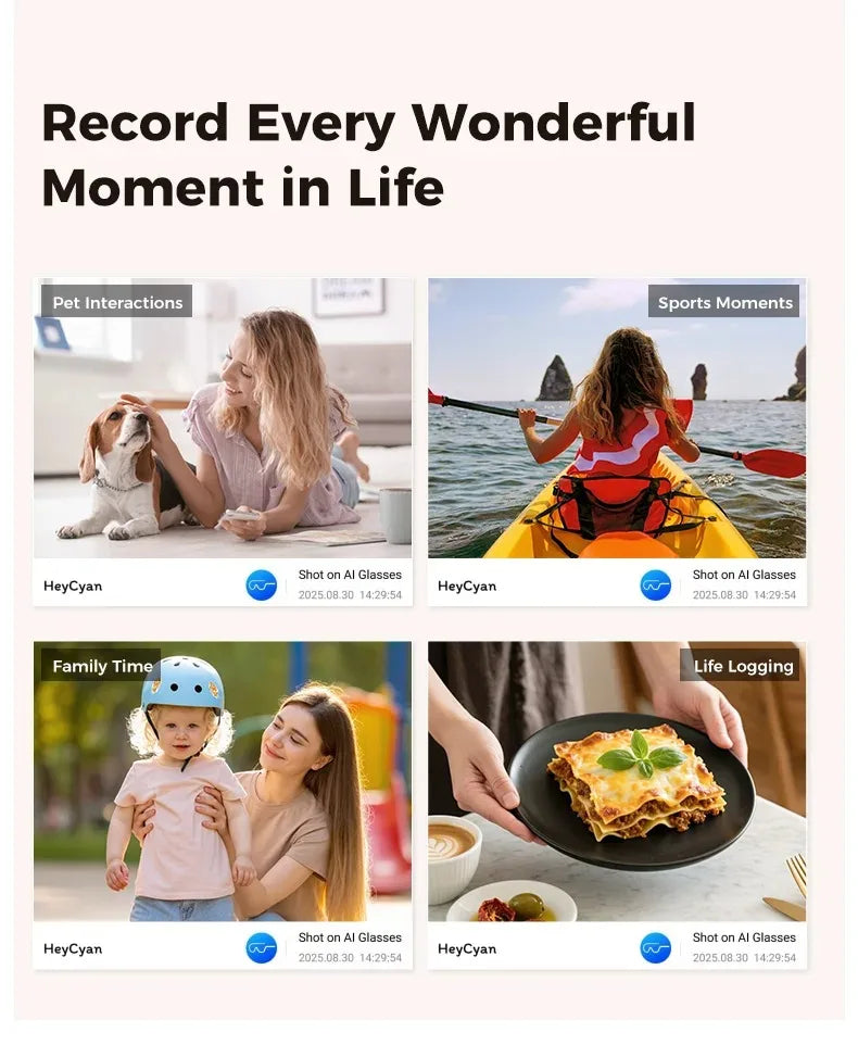 Four split-screen images showing smart glasses capturing daily moments: petting a dog, kayaking, family time, and food.