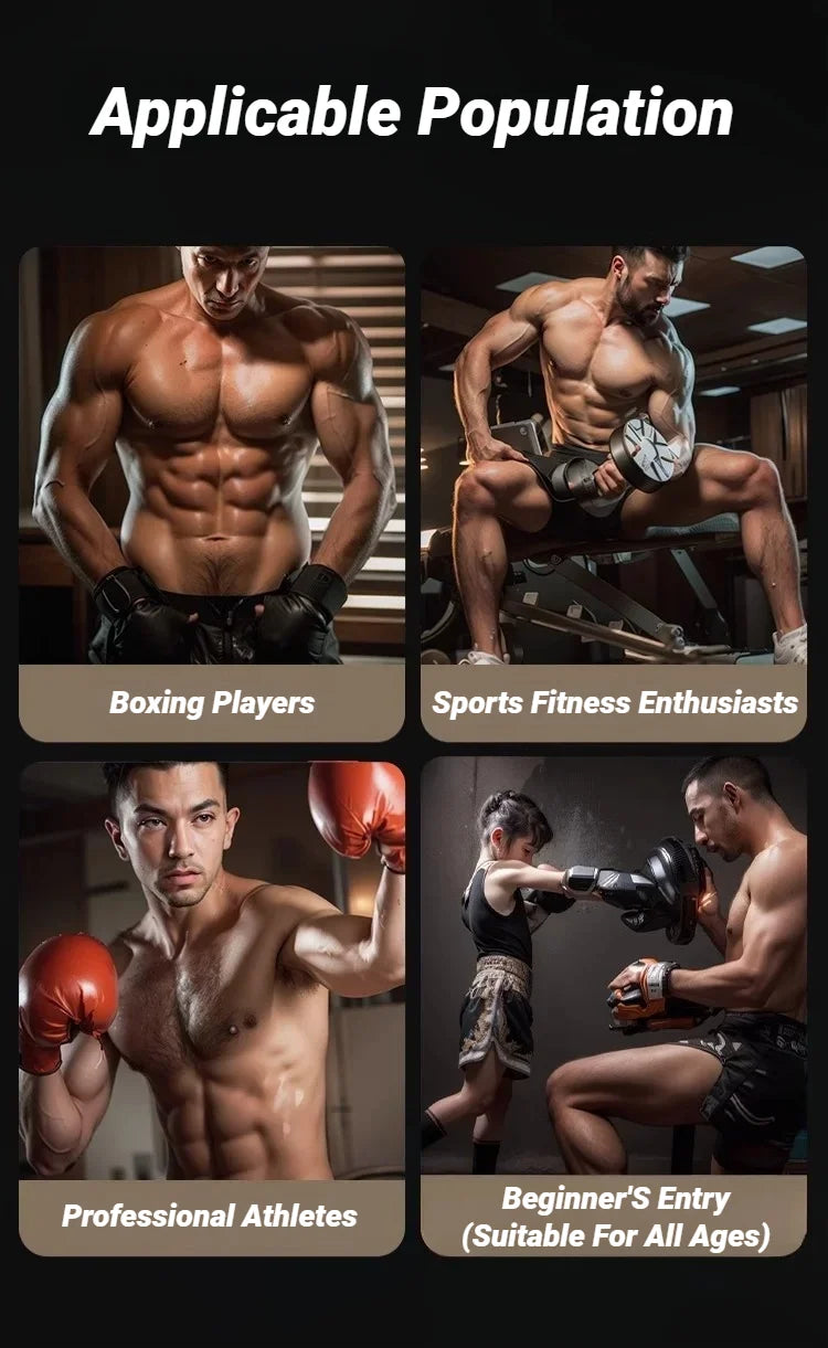Four panels showing a muscular man boxing, lifting a dumbbell, sparring in red gloves, and training with a child.