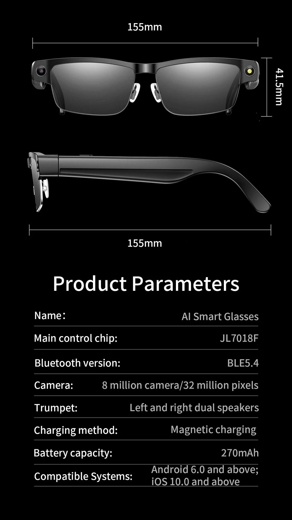 Black AI smart glasses with built-in camera and speakers, shown with dimensions and technical specifications.