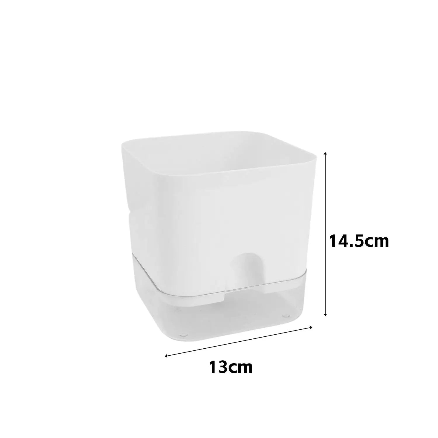 White square self-watering plastic planter with a clear base, measuring 13cm wide by 14.5cm high.