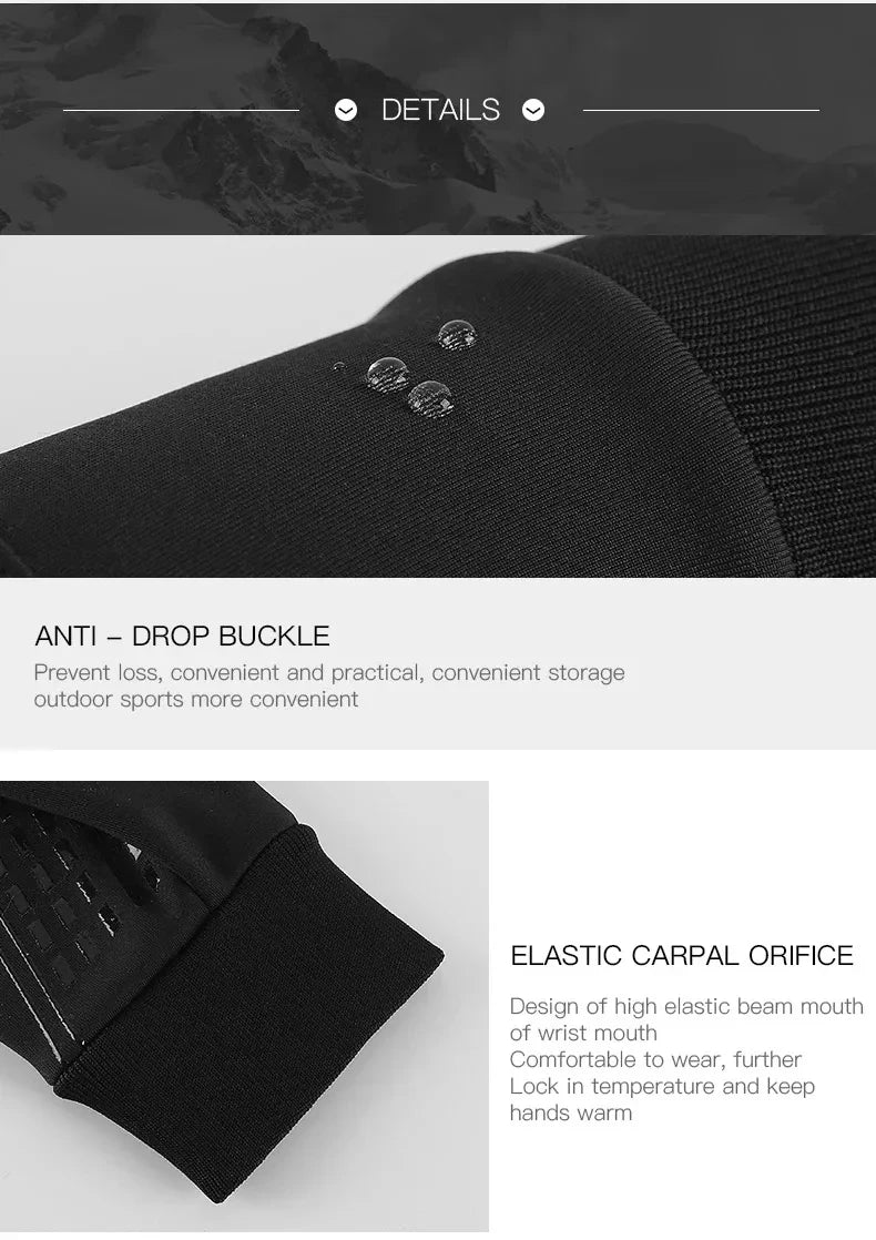 Black water-resistant glove showing a close-up of the ribbed elastic cuff and water-beading fabric texture.