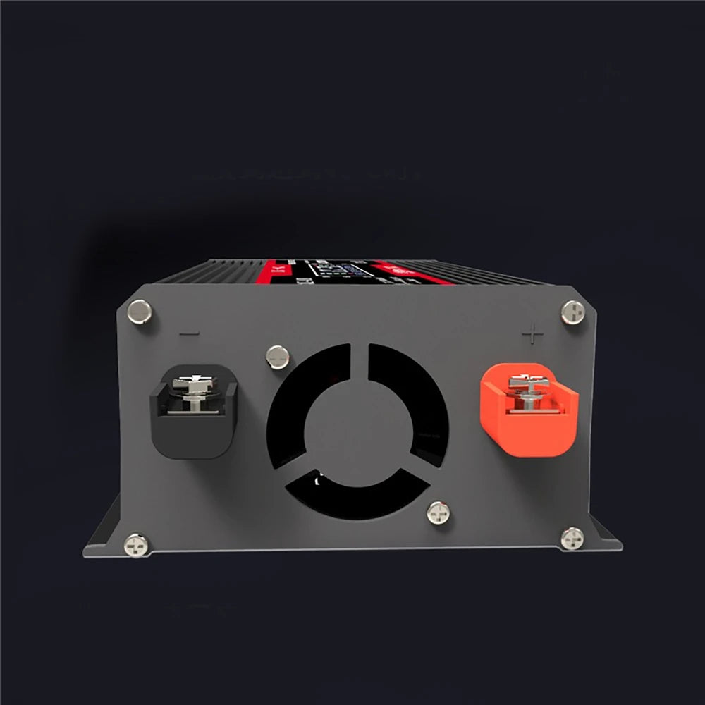 Grey 4000W car power inverter with a cooling fan, LCD screen, and black and red terminal connectors.