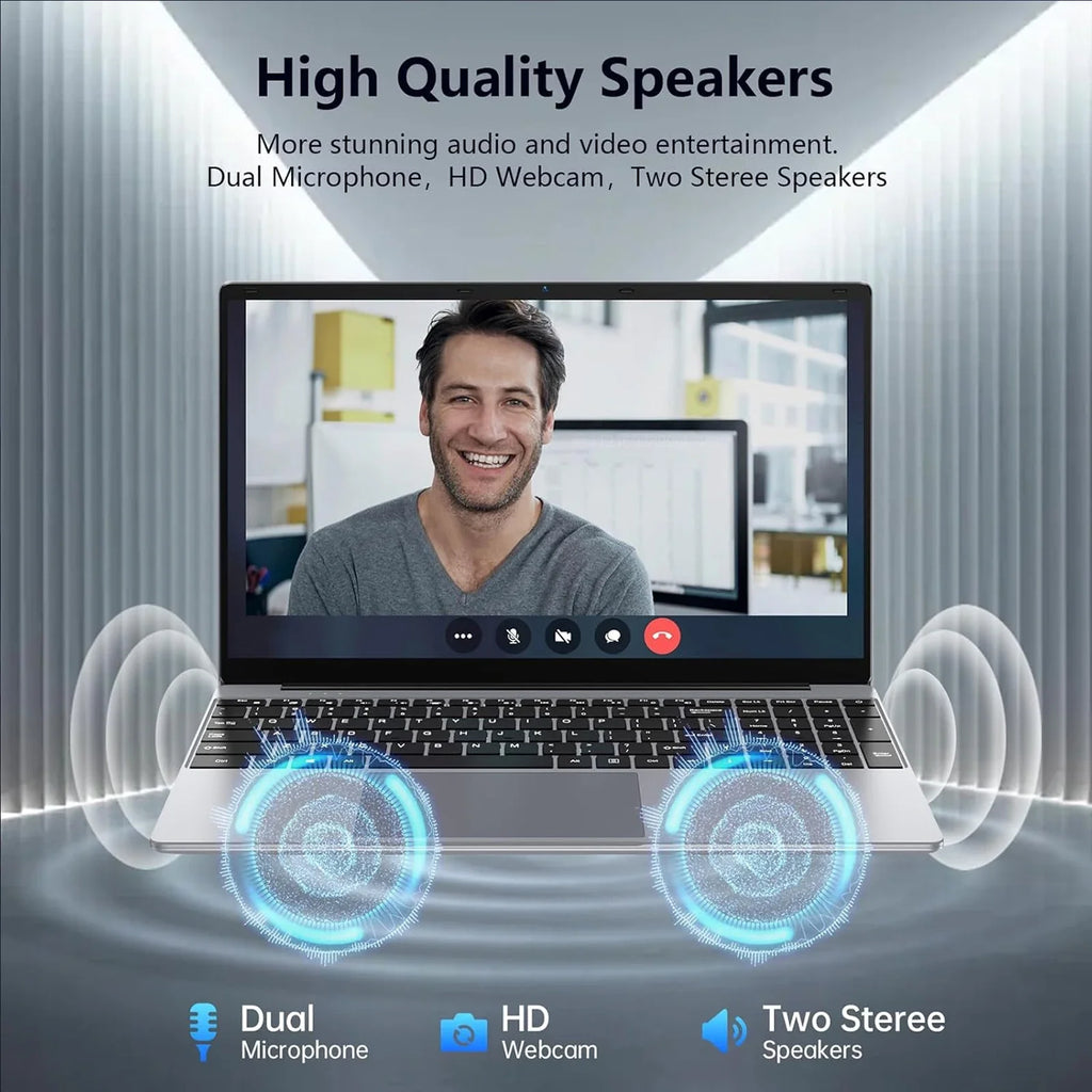 Sleek silver 15.6-inch laptop with dual speakers, HD webcam, and dual microphone for clear audio and video calls.