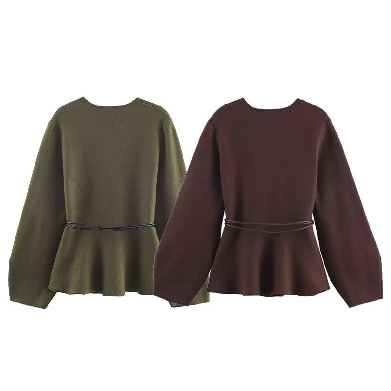 Two long-sleeve knit peplum tops in olive green and dark brown, featuring a round neck and a slim waist tie detail.