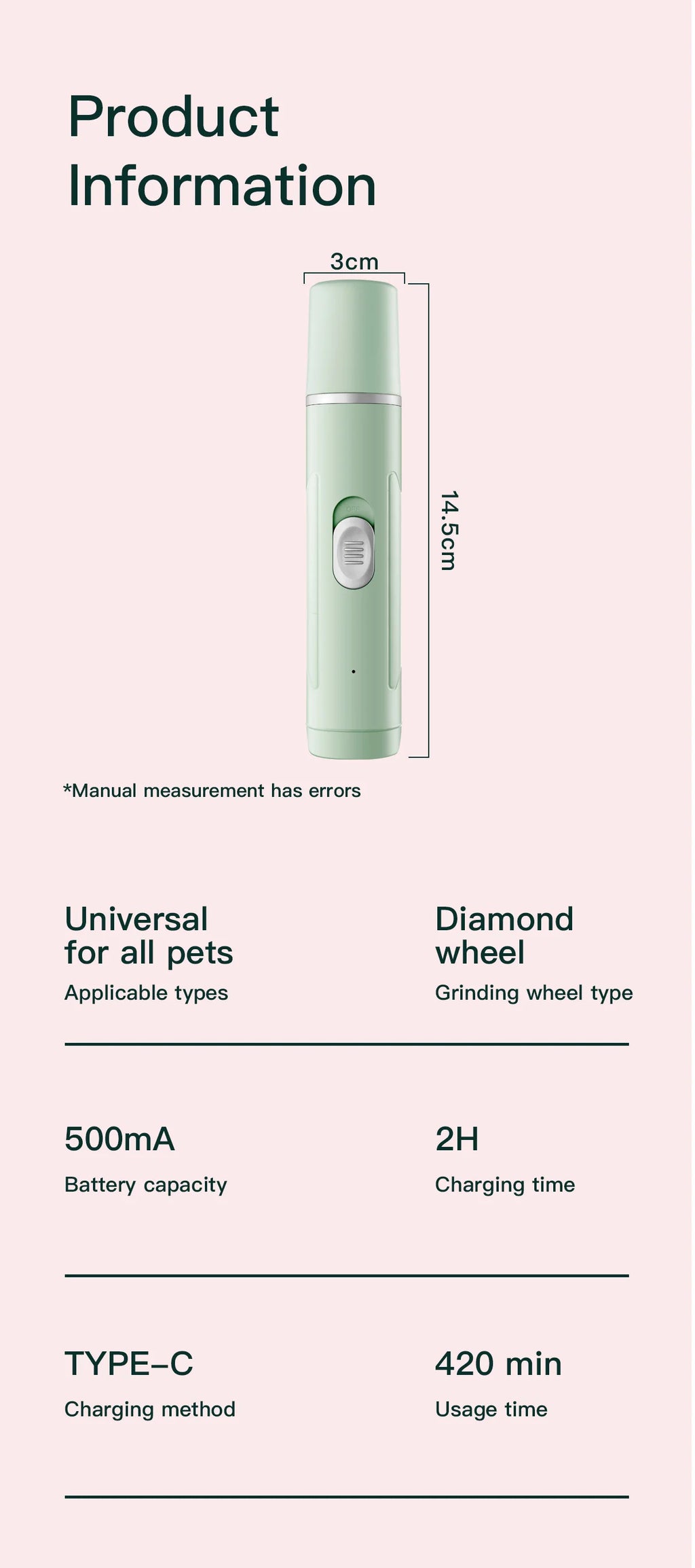 Sage green rechargeable electric pet nail grinder with power button, 14.5cm length and diamond grinding wheel.