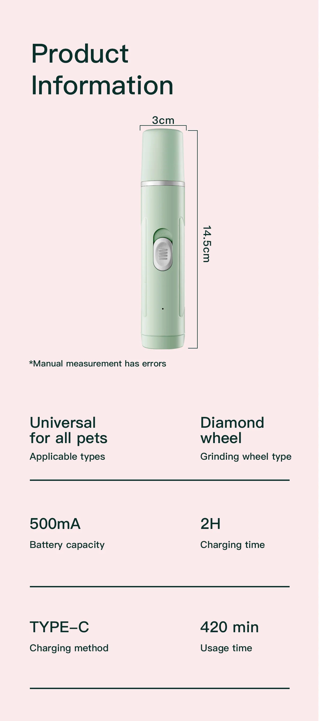 Sage green rechargeable electric pet nail grinder with power button, 14.5cm length and diamond grinding wheel.