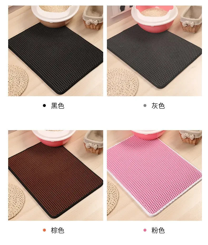 Four rectangular double-layer cat litter mats in black, grey, brown, and pink, featuring a honeycomb texture.