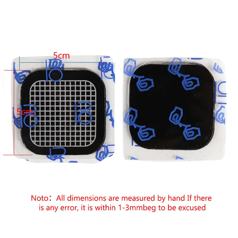 Two square black 5cm adhesive replacement gel pads for an abdominal muscle stimulator.