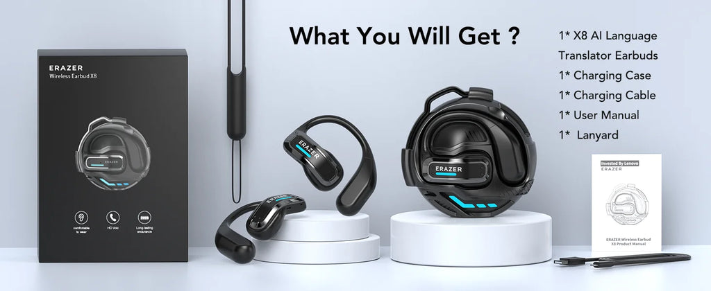 Black wireless earbud set with charging case, cable, and lanyard, featuring a futuristic design with blue light accents.