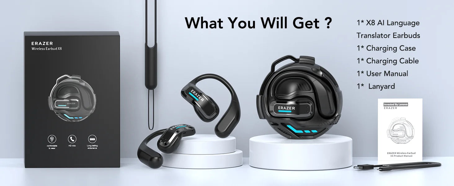 Black wireless earbud set with charging case, cable, and lanyard, featuring a futuristic design with blue light accents.
