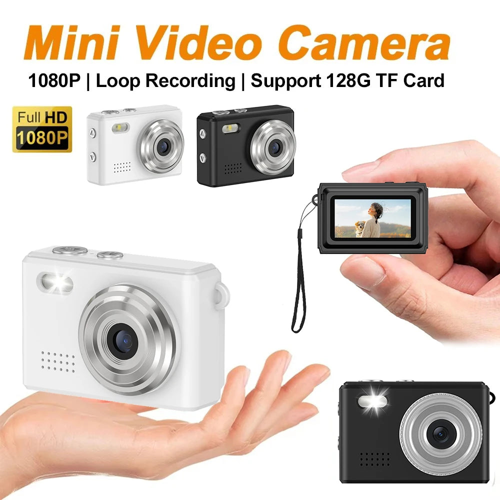 White and black mini 1080p digital video cameras with plastic bodies, silver lenses, and a rear display screen.
