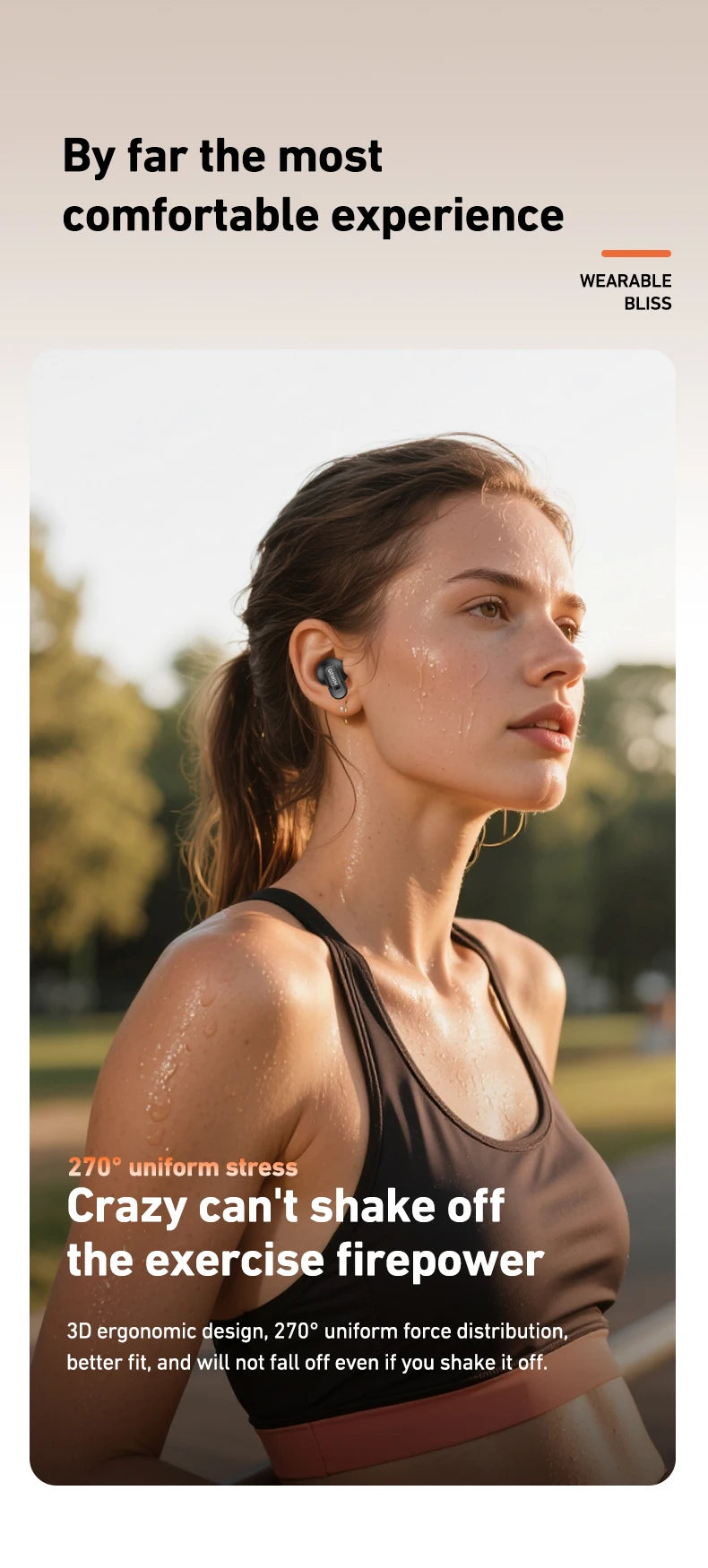 A woman wearing small, sleek black ergonomic earbuds while exercising.