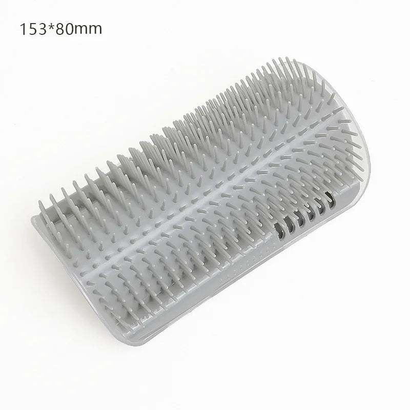 Grey rectangular pet self-grooming wall brush with flexible silicone bristles, measuring 153x80mm.