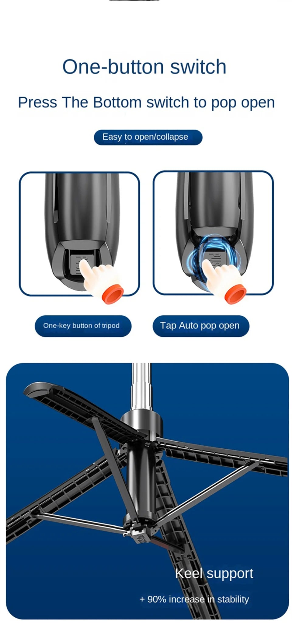 Black plastic tripod stand with an auto-pop button base and reinforced keel support for stability.