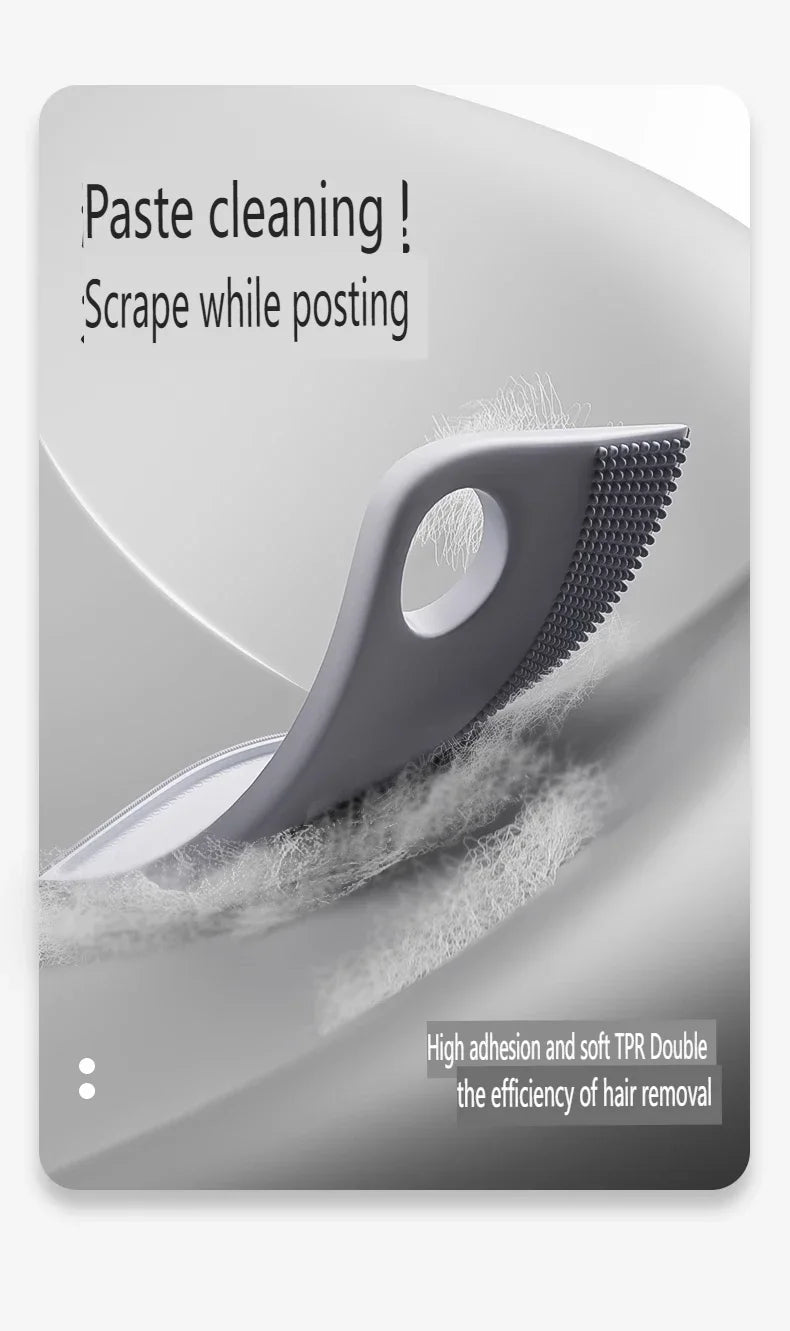 Grey silicone lint removal tool with a handle hole and textured head, shown removing lint from a fabric surface.