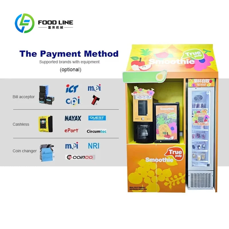 Yellow and white True Pulp smoothie vending machine with built-in slush dispenser and glass-door cup storage.