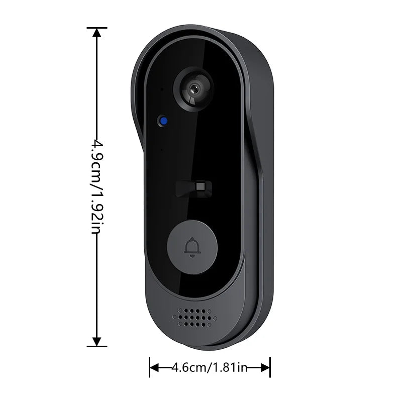Sleek, dark grey wireless smart video doorbell with HD camera, night vision, and doorbell button. 12.4cm x 4.6cm size.
