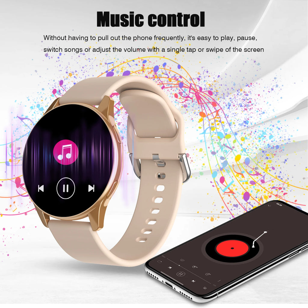 Beige multi-sport smartwatch with a gold metallic frame, showing music control interface and a connected smartphone.
